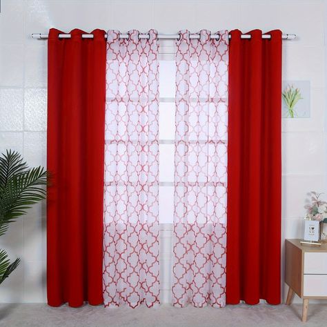 Mix And Match Curtains, Red Curtains Living Room, Red And White Curtains, White Curtains Living Room, Red Living Room Decor, Moroccan Print, Tulle Curtains, Curtains For Bedroom, Living Room Red