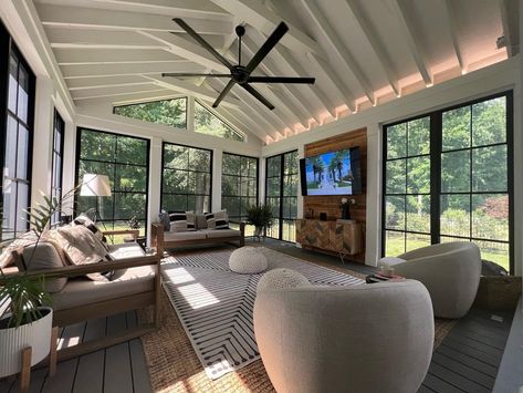 Sun Room Back Of House, 4 Season Room Addition Off Living Room, Double Sided Fireplace Sunroom, Unique Screened Porch Ideas, 4 Season Room Windows, Sunroom To Patio, 3 Season Screened Porch Ideas, Screened In Porch With Bar, Outdoor Sunroom Ideas Screened In Porch