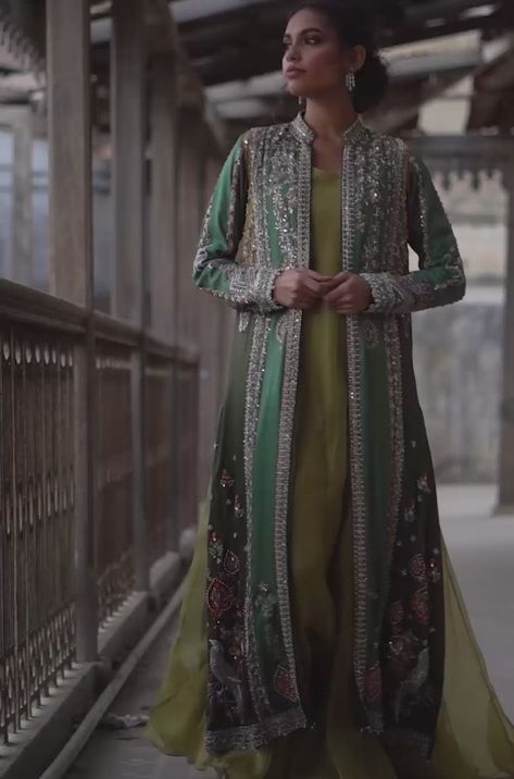 Juniper Jacket – Nida Azwer PK Nida Azwer, Cultural Fashion, Green Shift Dress, Leaf Green, Silk Organza, Cut Work, Pakistani Fashion, Gold And Silver, Color Combos