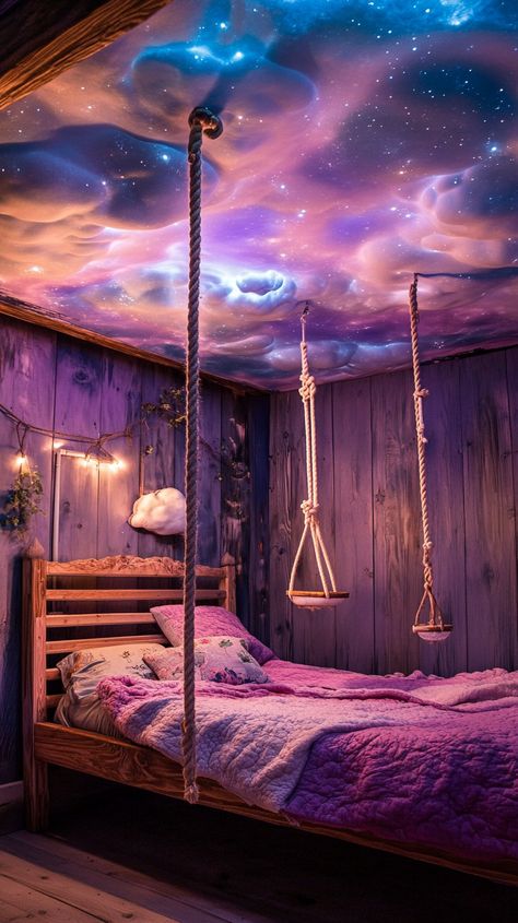 Dive into a dreamy escape in this Pisces-inspired loft bedroom 🌙✨. Adorned with a cloud-painted ceiling and a whimsical rope swing, it’s pure magic. Revel in the cozy canopy bed, surrounded by starry night lighting that casts a serene glow. Perfect for dreamers and star chasers 🌌💫. Galaxy Ceiling Bedrooms, Spacecore Bedroom, Galaxy Lights Bedrooms, Genie Room, Cozy Canopy Bed, Galaxy Room Decor, Starry Bedroom, Ultimate Craft Room, Spiritual House