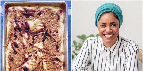 The peanut butter and jelly can be swapped out for chocolate chips, fresh blueberries, and even rainbow sprinkles for a funfetti version. Nadiya Hussain Pancake Tray Bake, Pancake Tray, Starting To Run, Sheet Pan Pancakes, Nadiya Hussain, Pan Pancakes, Cook Breakfast, Tv Chefs, Tray Bake