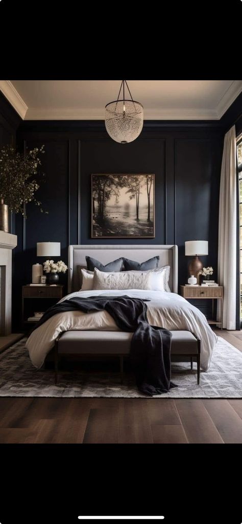 Neutral Nightstands, Dark Accent Walls, Dark Ceiling, Airy Bedroom, Black Accent Walls, Bedroom Accent, Virginia Homes, Accent Wall Bedroom, Bedroom Black