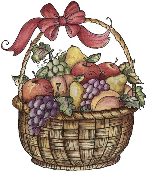 Kitchen Graphics, Decoupage Kitchen, Fruit Basket Drawing, Laurie Furnell, Pomegranate Art, Basket Drawing, Fall Clip Art, Fruits Drawing, Apple Baskets