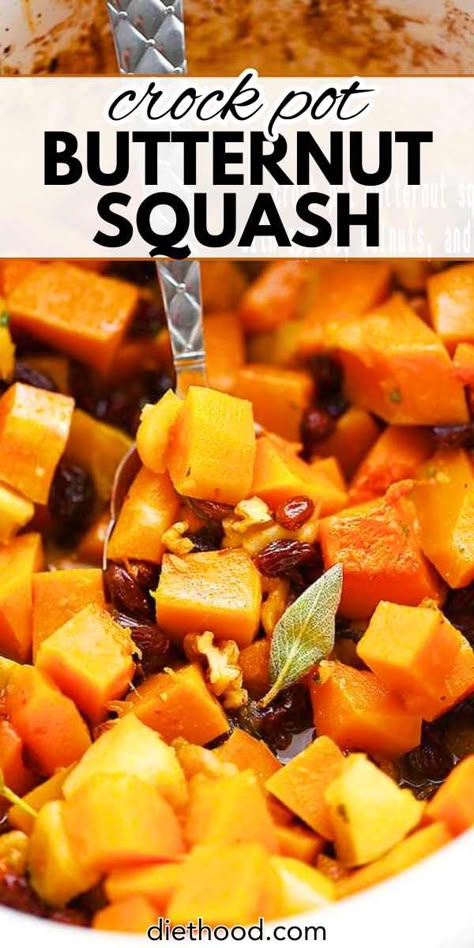 Crock Pot Butternut Squash is an easy and delicious holiday side dish, combining tender butternut squash, fresh apples, crunchy walnuts, and sweet raisins—all slow-cooked to perfection in the crock pot. Slow Cooker Acorn Squash Recipes, Crockpot Butternut Squash Recipes, Butternut Squash In Crockpot, Squash Crockpot Recipes, Crock Pot Butternut Squash, Slow Cooker Squash, Butternut Squash Crockpot, Crockpot Veggies, Crockpot Side Dishes