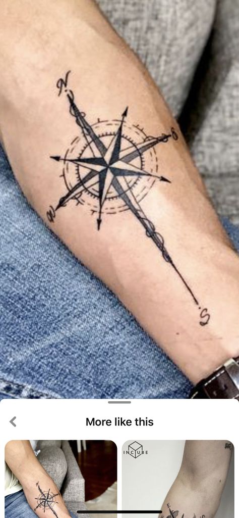 I like this for the overall shape, size & scale .. I like everything about this image except the swirly things on the tips of the compass. I like the font of the N, S, E, W .. N E S W Tattoo, N S E W Tattoo, Compass Rose Tattoo Men Forearm, Forearm Compass Tattoo Men, Traveler Tatoos, Compass Tattoo Wrist, Compass Rose Tattoo Men, Compass Cross Tattoo, Rose Tattoo Men Forearm