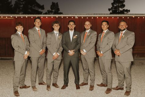 Gray Groomsmen, Gray Groomsmen Suits, Gray Suits, Groomsmen Grey, Charcoal Gray Suit, Orange Bridesmaid, Light Grey Suits, Terracotta Wedding, Rustic Boho Wedding