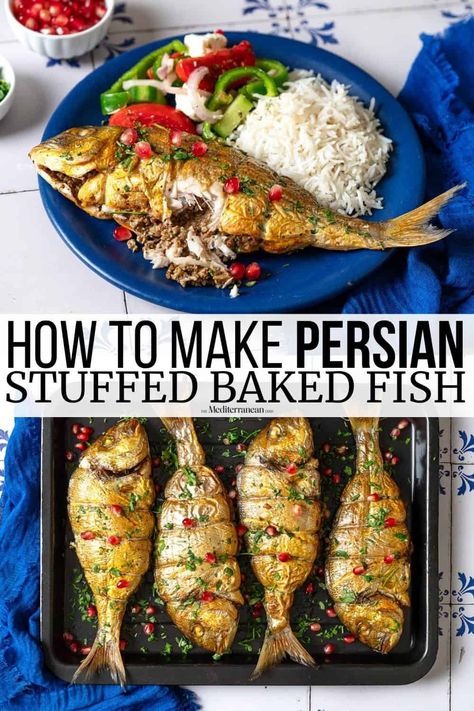 This whole roasted fish recipe is a stuffed fish inspired by Persian Mahi Shekam Por, with sea bream, pomegranate molasses, and walnuts. Sea Bream Recipes, Persian Food Iranian Cuisine, Whole Fish Recipes, Roasted Fish, Gut Recipes, Healthy Gut Recipes, Stuffed Fish, Iranian Cuisine, Lobster Dishes