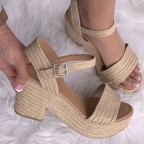 Soda | Shoes | New Soda Castle Nude Woven Jute Wedge Heel Sandal | Poshmark Chunky Wedges Outfit, Jute Design, Dream Shoe, White Espadrilles, Strappy Platform Sandals, Shoes Heels Classy, Block Sandals, Soda Shoes, Jute Fabric