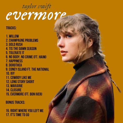 I want to make some alternative covers for the Taylor Swift Albums, more about a tracklist cover for a Vinyl or a CD, with a picture from the Era. Now it’s evermore. Evermore Tracklist, Taylor Swift Albums, Bon Iver, You Left Me, Taylor Swift Album, Gold Rush, Then And Now, Taylor Swift, I Want