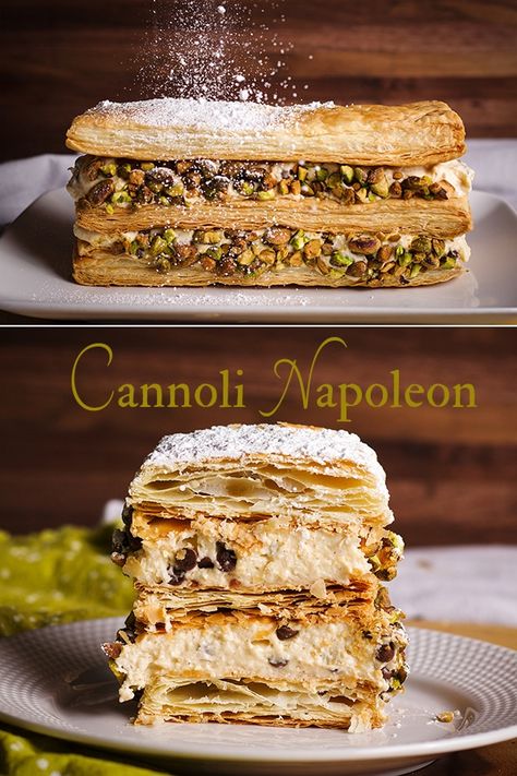 Cannoli Puff Pastry, Cannoli Napoleon, Cannoli Dessert, Cannoli Desserts, Napoleon Pastry, Napoleon Dessert, Napoleons Recipe, Pasta Dessert, Italian Cannoli