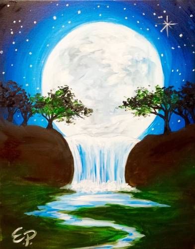 Moon Waterfall Painting, Easy Doodle Art Drawing, Easy Diy Painting, Easy Nature Paintings, Canvas Painting Projects, Paint N Sip, Sunset Canvas Painting, Sunset Painting Acrylic, Paint Night Ideas