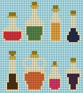 Cross Stitch Potion Bottles, Pixel Art Potion Bottle, Pixel Potion Bottle, Potion Bottle Perler Beads, Bottle Keychain, Perler Designs, Fair Isle Chart, Tapestry Hanging, Perler Creations