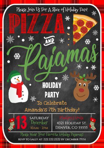 Pizza and Pajamas Christmas Birthday Party Invitat Invitation | Zazzle Pizza And Pajamas, Pajamas Christmas, Christmas Birthday Party, Holiday Pajamas, Pizza Party, Pajama Party, 7th Birthday, Christmas Pajamas, Favorite Holiday