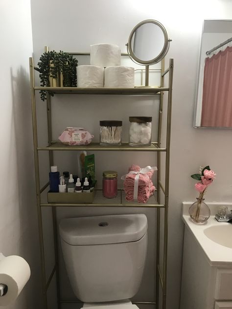 Tiny Bathroom Shelves, Cheap Apartment Bathroom Ideas, Above Toilet Cabinet Organization, Bathroom Over Toilet Storage Ideas, Over The Toilet Storage Ideas Small Spaces, Small Bathroom Storage Ideas Rental, Toiletries Storage Ideas Bedroom, Small Full Bathroom Storage Ideas, Bathroom Over The Toilet Shelves