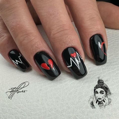 Heartbeat nails Heartbeat Nails Design, Heartbeat Nails, Short Gel Nails, Festival Nails, Birthday Template, Heart Nails, Black Heart, Halloween Nails, In A Heartbeat