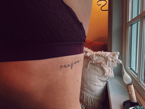 Single Word Tattoo Placement, Cursive Quote Tattoo, Everything Happens For A Reason Tattoo, Reason Tattoo, Tattoo Cursive, Tattoo Rib, Cursive Tattoo, Tattoo Quote, Cursive Tattoos