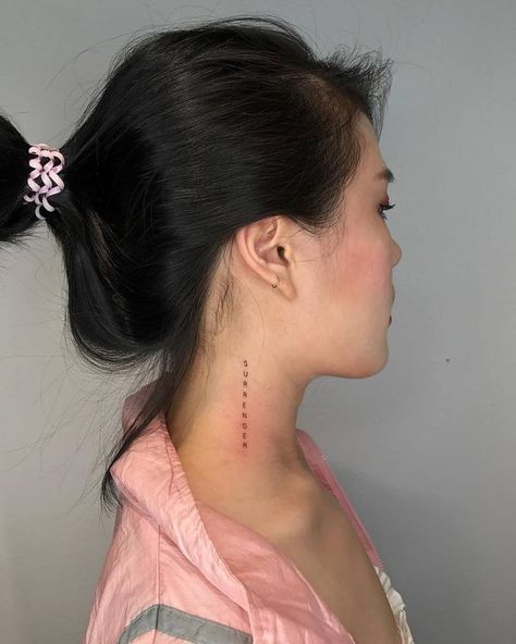 Favored Tattoo On Neck, Neck Hairline Tattoos Women, Vertical Neck Tattoos Women, Neck Tattoos Women Side Words, Small Side Neck Tattoo, Tattoo On Neck Women, Neck Tattoos Side, Love Neck Tattoo, Neck Tattoo Placement