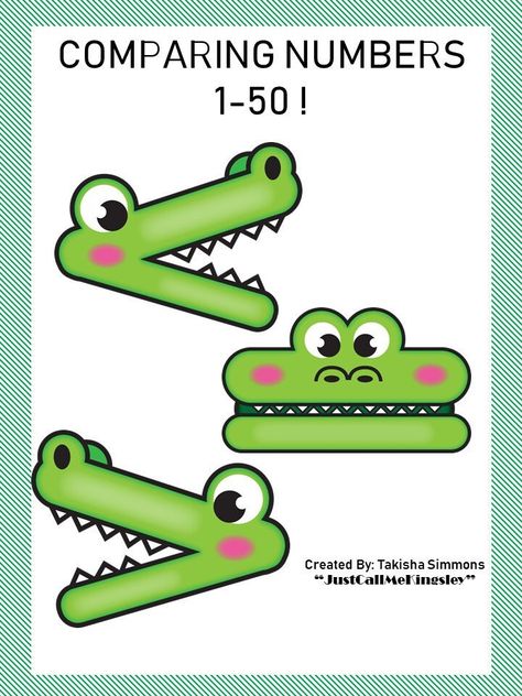 "Our comparing numbers activity provides exercises in ordering numbers, comparing numbers and identifying \"greater than\", \"less than\" or \"equal to\".  This set includes a comparing numbers mat, and number cards 1-50. The alligator will always eat the BIGGER number. A great way to teach comparison signs to younger learners." Comparison Of Numbers Worksheet, Compare Numbers Activities, Greater Than Less Than Equal To Activity, Greater Than Less Than Games, Greater Than Sign, Comparing Numbers Activities, English Classroom Displays, Comparing And Ordering Numbers, Less Than Greater Than