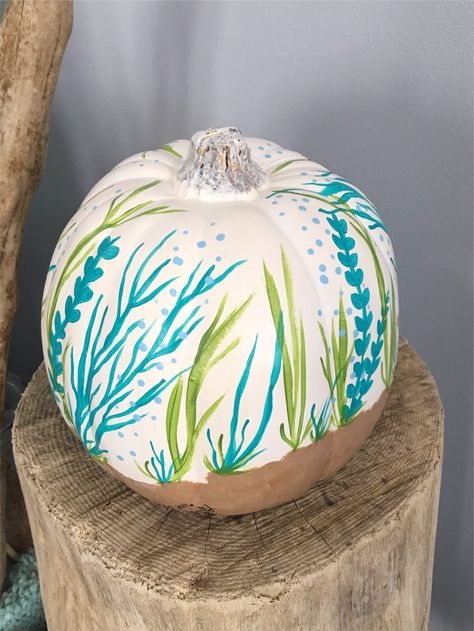 Beach Painted Pumpkins, Ocean Pumpkin Painting, Beach Pumpkins, Coastal Pumpkins, Coastal Halloween, Coastal Boutique, Pumpkins Crafts, Halloween Beach, Beach Halloween