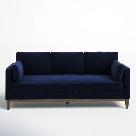 Pera 84'' Upholstered Sofa & Reviews | Joss & Main Navy Blue Velvet Couch, Dark Couch, Navy Couch, Sleek Sofa, Blue Velvet Couch, Couches Living, Blue Velvet Sofa, Bench Seat Cushion, Velvet Couch