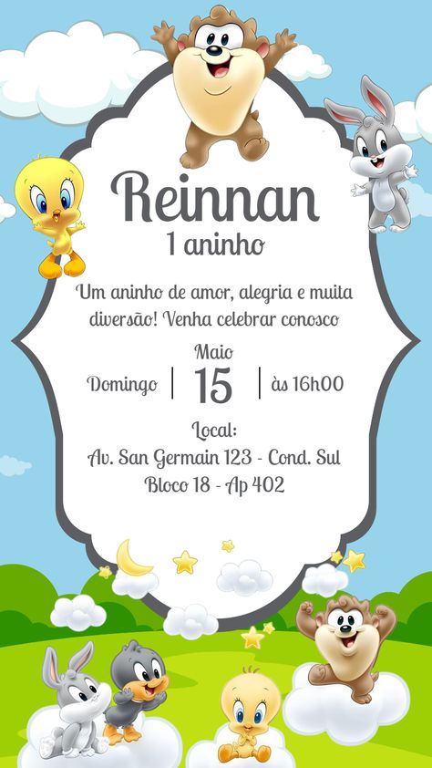 Edítate gratis usando nuestro editor online | Design by Gisele | Invitación Digital Invitación del cumpleaños del bebé de Looney Tunes

¡La invitación Invitación del cumpleaños del bebé de Looney Tunes perfecta para tu evento!

Personaliza tu invitación a tu gusto con nuestro editor en línea

Nuestra invitación digital Invitación del cumpleaños del bebé de Looney Tunes es totalmente personalizable. Puedes cambiar el texto, la fuente, los colores e incluso agregar fotos. Es Looney Toons Birthday Party Ideas, Diy Looney Tunes Party, Looney Tunes 2nd Birthday, Looney Tunes Invitations, Looney Tunes Party, Baby Backdrop, Baby Looney Tunes, Baby Logo, Looney Tunes