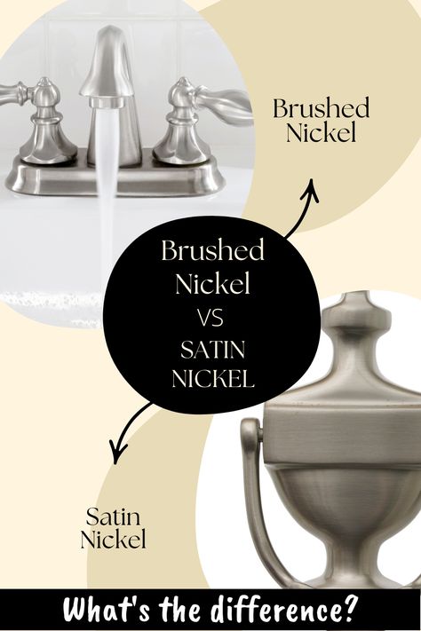 Brushed Nickel vs Satin Nickel: Differences Explained Nickel is a popular metal because it is bright, strong, and affordable. Nickel comes in brushed and satin finishes, but what is the difference? Brushed Nickel Vs Satin Nickel Hardware, Brushed Nickel Faucet With Black Hardware, Satin Nickel Bathroom Fixtures, Brushed Nickel Fixtures, Brushed Nickel Kitchen, Brushed Nickel Faucet, Cabinetry Hardware, Brushed Nickel Bathroom, Satin Nickel Hardware