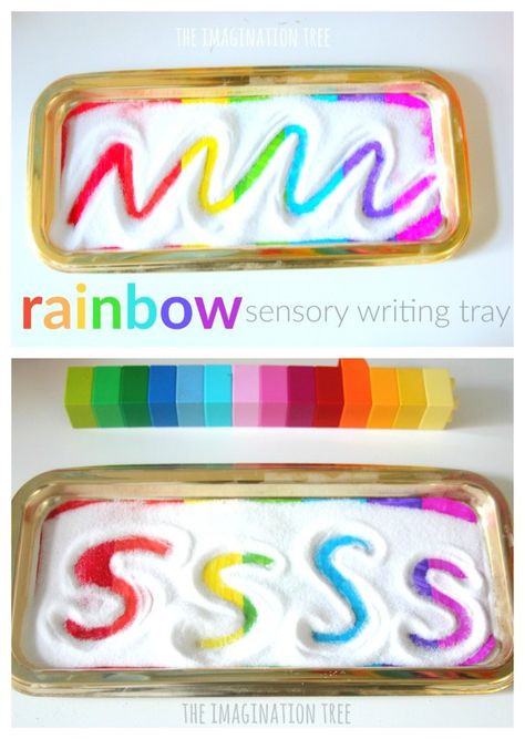 Rainbow sensory writing tray for early writing skills Sensory Writing, Rainbow Sensory, Imagination Tree, Rainbow Writing, Preschool Writing, Fun Invitations, Letter Formation, Pre Writing, Writing Center