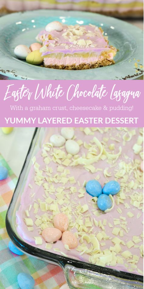 White Chocolate Dessert Lasagna with an Easter Twist. Layers of sweetness for the ultimate dessert lasagna recipe. A pastel-colored chocolate lasagna that is loaded with tons of flavor.  #passion4savings #easter #dessert #nobake #lasagna #dessertlasagna #recipe #easy #best #cold Easter Lasagna Dessert, Easter Lasagna, White Frosting Recipes, Dessert Lasagna, Colored Chocolate, Chocolate Pudding Desserts, White Chocolate Desserts, Icebox Cakes, White Chocolate Shavings