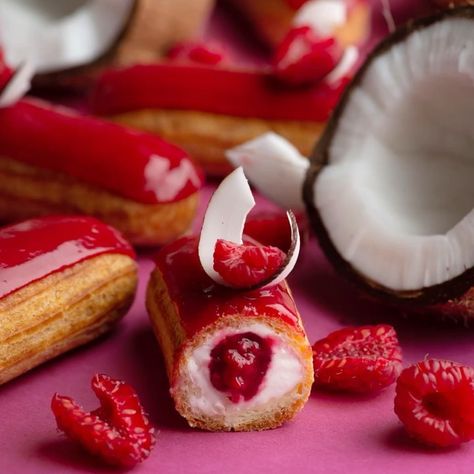 Raspberry Eclairs, Raspberry Puree, French Heritage, Fancy Desserts Recipes, Eclair Recipe, Whipped Ganache, Fine Dining Desserts, Foods Ideas, Gourmet Desserts