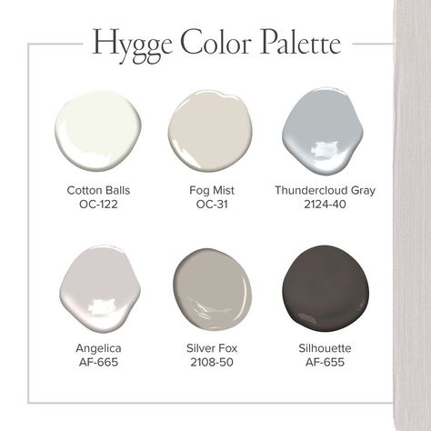 Benjamin Moore on Instagram: “Cozy up to our hygge-inspired palette. “[Hygge] is used when talking about everything wonderful and comfortable, without stress when you…” Hygge Painting, Hygge Paint Colors, Hygge 2023, Hygge Color Palette, Scandinavian Paint Colors, Hygge Cabin, Nordic Color Palette, Hygge Colors, Color Palette Paint