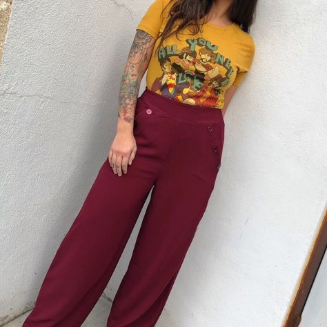 Wide Leg Burgundy Palazzo Pant By Band Of Gypsies. Has Elastic Back And Button Pockets. Nwt Boutique Item, Never Sold Never Worn Before Burgundy Pants Outfit, Red Wide Leg Pants, Casual Mom Style, Burgundy Pants, Palazzo Pant, Striped Wide Leg Pants, Black Wide Leg Pants, Bohemian Clothing, Yellow Shirts