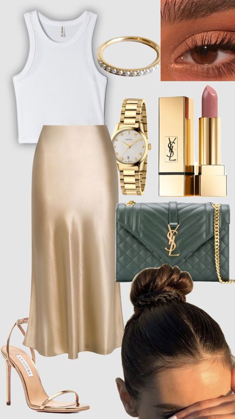 Gold Satin Skirt Outfit, Gold Satin Skirt, Satin Skirt Outfit, New Money, Classic Outfit, Outfit Layout, Classy Work Outfits, Gold Satin, Skirt Outfit