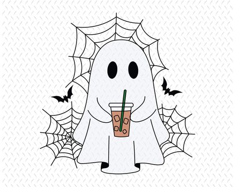 Retro Ghost Illustration, Ghost With Iced Coffee Tattoo, Ghost With Iced Coffee, Ghost Drinking Coffee Tattoo, Halloween Coffee Aesthetic, Ghost With Coffee Tattoo, Halloween Png Images, Cute Ghost Sketch, Cute Ghost Holding Pumpkin