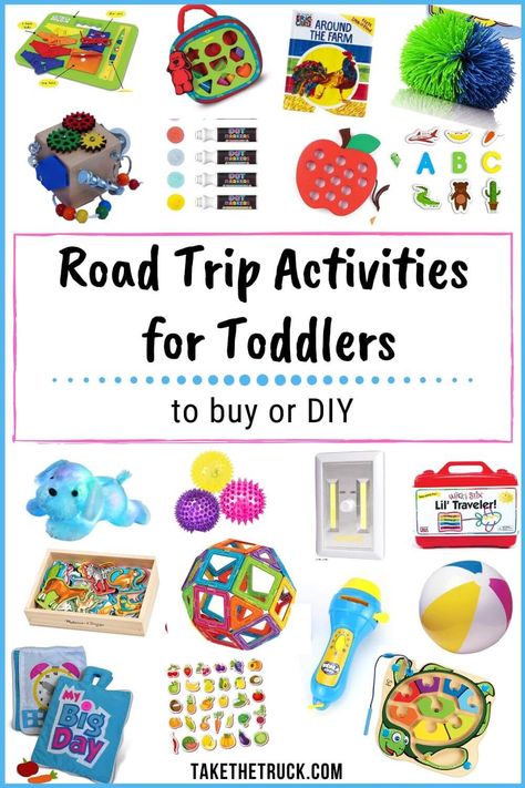 This post is full of great road trip activities for toddlers, whether you’re looking for DIY road trip activities or for the best travel toys to purchase for your next family road trip. All these road trip activities and toys are just right for 1 year old and 2 year old toddlers. #takethetruck #roadtrip #familyroadtrip #familytravel Toddler Road Trip Activities, Toddler Car Activities, Toddler Travel Activities, Road Trip Toys, Road Trip Entertainment, Toddler Road Trip, Trip Activities, Travel Toys For Toddlers, Car Activities