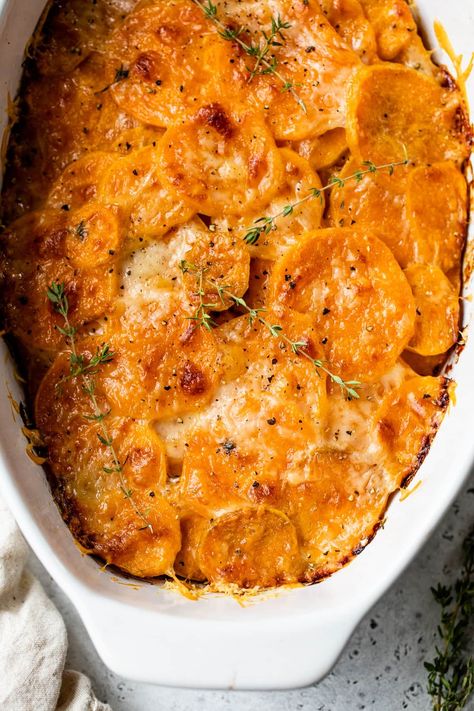 This savory Sweet Potato Gratin is inspired by Pommes Anna, a French dish of creamy, thinly sliced potatoes with rich buttery flavor topped with melted Gruyere cheese. Thanksgiving Vegetarian Main, Cheesy Sweet Potato Recipes, Sweet Potato Dessert Recipes Easy, Potato Dessert Recipes, Sweet Potato Dessert Recipes, Ww Sides, Cheese Gratin, Starch Sides, Fennel Gratin