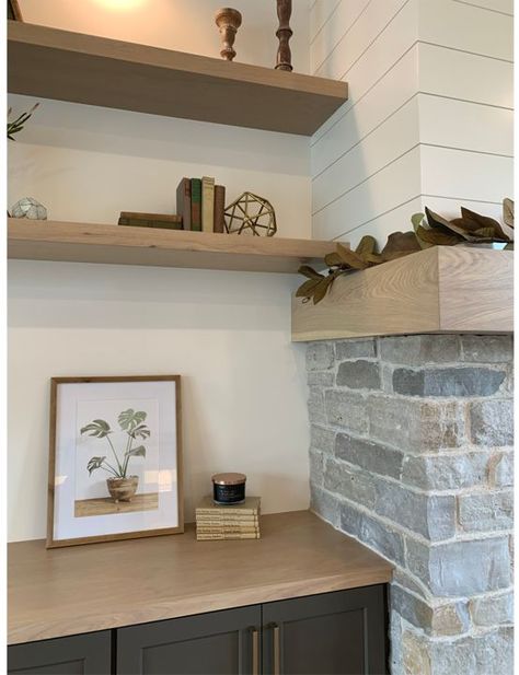 Floating Shelves On Both Sides Of Fireplace, Linear Fireplace With Mantle, Slate Fireplace Surround, Painted Brick Fireplaces, Built In Shelves Living Room, Living Room Built Ins, Fireplace Tile Surround, Mantel Design, Living Tv