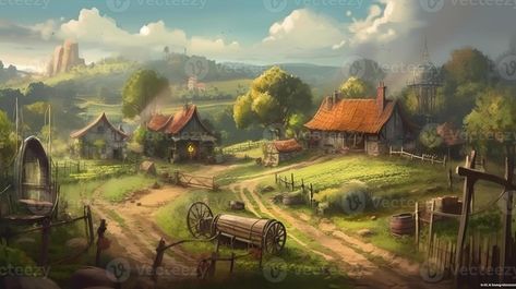 Medieval Farm, Drawing Female, Realistic Illustration, Fantasy Drawings, Farm Art, Illustration Background, Background Art, Yellow Eyes, Anime Tattoos