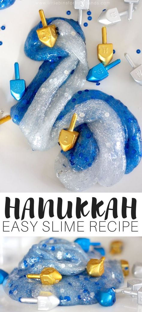 Easy To Make Hanukkah Slime Recipe for Kids Winter Holiday Dreidel Craft, Hanukkah Preschool, Hannukah Crafts, Slime Recipe Kids, Hanukkah Activites, Fun Slime, Hanukkah For Kids, Slime Collection, Hanukkah Art