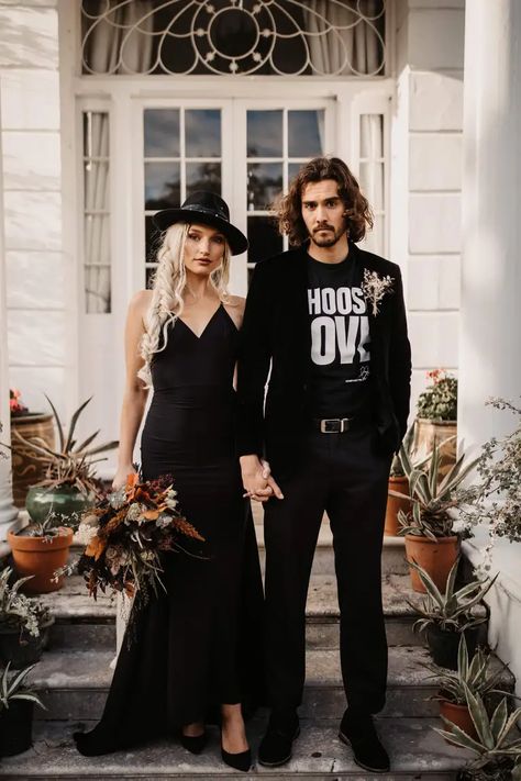 How To ROCK Your Wedding Styling ⋆ Unconventional Wedding Edgy Groom Attire, Rocker Wedding Dress, Wedstock Wedding, Dark Elopement, Rock Wedding Dress, Nola Elopement, Alternative Groom Attire, Unconventional Wedding Ideas, Alternative Groom