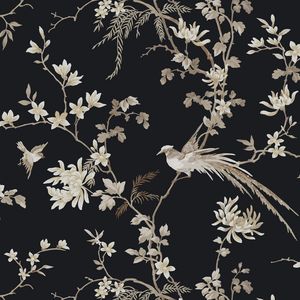 Kravet Design - W3714-5 | Kravet Black And Silver Aesthetic, Chinoserie Wallpaper, Swallows Wallpaper, Silver Aesthetic, Birds Wallpaper, York Wallpaper, Aesthetic Floral, Chinoiserie Wallpaper, Tropical Wallpaper