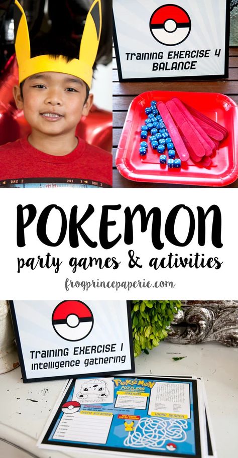 Easy Pokemon Party Games and Pokemon Party Activities - Frog Prince Paperie Pokemon Party Games, Pokemon Party Decorations, Easy Pokemon, Pokemon Themed Party, Pokemon Diy, Pokemon Craft, Pokemon Birthday Party, Pokemon Theme, 9th Birthday Parties