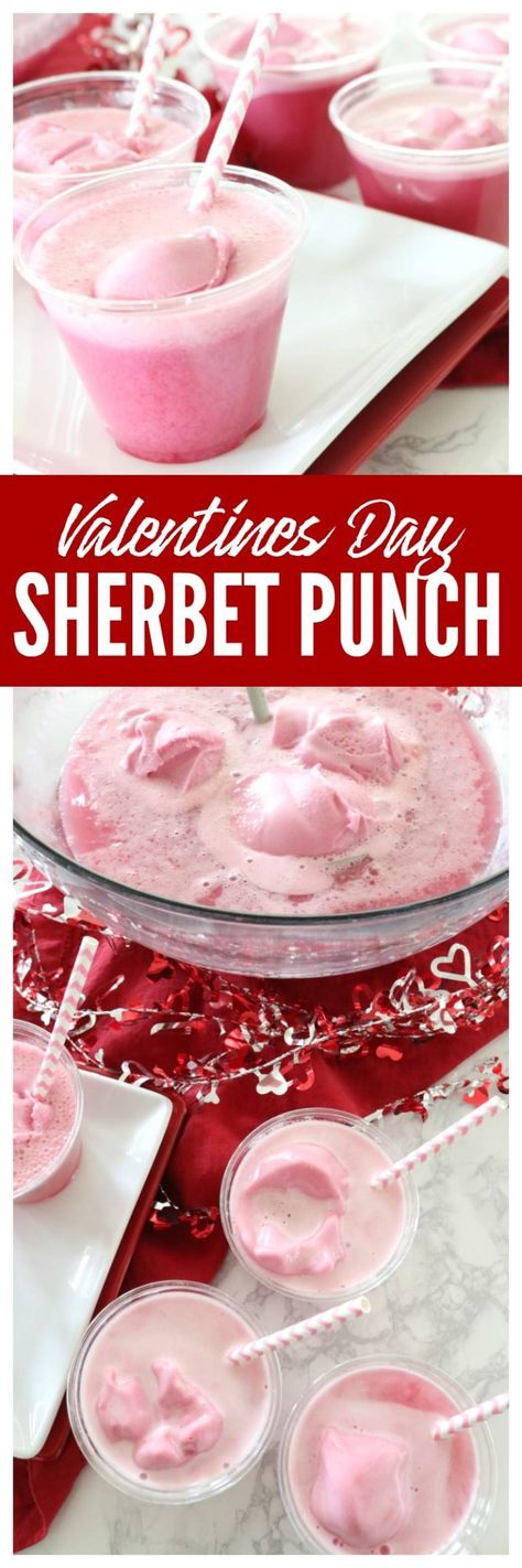 This Pink Sherbet Punch Recipe Made With Sprite is the Perfect Punch Recipe for Valentines Day Parties, Baby Showers and more.  #punch #pink #sherbert #sprite #lemonlime #gingerale #valentinesday #babyshower #party #foracrowd #kidfriendly #drink Valentine Day Punch, Fun Valentines Dinner Ideas Kids, Valentines Party Desserts, Galentines Party Punch, Valentine Party Drinks, School Valentines Party Ideas Food, Valentine Drinks For Kids School Parties, Valentines Drinks For Kids School, Valentines Party Drinks For Kids