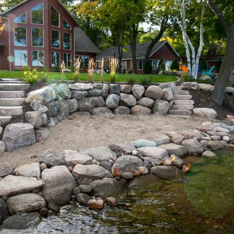 Lake House Landscaping Ideas, Lake House Landscaping, House Landscaping Ideas, Lake Landscaping, Lake Houses Exterior, Lakeside Living, Pond Landscaping, House Landscaping, Rock Wall