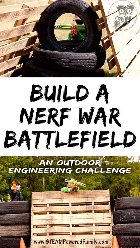 Build a Nerf War Battlefield for a fantastic Nerf War birthday party or simply a summer filled with fun! A brilliant outdoor engineering challenge using upcycled items. Diy Paintball Course, Nerf Wars Battlefield Diy, Nerf Battlefield Diy, Diy Nerf Battlefield, Nerf Birthday Party, Army Party, Nerf Party, Outdoor Activities For Kids, 10th Birthday Parties