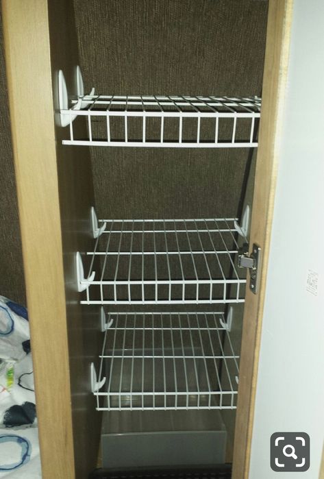 Tiny Camper Organization, Rv Bathroom Organization, Camper Closet Shelving, Camper Closet Organization Clothes, Small Camper Clothes Storage, Travel Trailer Clothes Storage, Shelves For Camper Closet, Adding Shelves In Camper, Camper Towel Rack