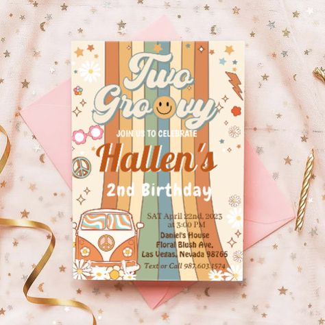 $3.5 | Two Groovy Retro Boho Daisy Rainbow 2nd Birthday - retro, daisy, boho, pink, floral, hippie, rainbow, birthday, pastel, groovy Two Groovy, Rainbow First Birthday, Groovy Birthday, Rainbow Birthday Invitations, Baby Birthday Decorations, Birthday Souvenir, Retro Daisy, 2nd Birthday Invitations, Groovy Retro