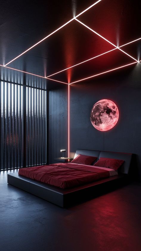 Step into a cosmic comfort zone with this unique bedroom design. The modern aesthetic, highlighted by a glowing moon and sleek furnishings, creates an inviting space. Perfect for stargazers, this room blends style and comfort for an unforgettable experience. Dark Royal Bedroom, Black Canopy Bed, Dark Bedrooms, Dramatic Scene, Royal Bedroom, Atmospheric Lighting, Glowing Moon, Unique Bedroom Design, Unique Bedroom