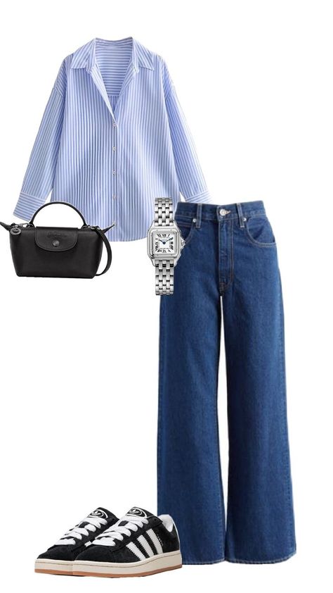 Blue Jeans And Shirt Outfit, Spring Outfit College, Summer Cool Tone Outfit, Morning Outfit Casual, Spring Outfit Inspo For School, Marine Jeans Outfit, Dark Blue Outfit Ideas, Casual Outfits For College, Spring Capsule Wardrobe 2024