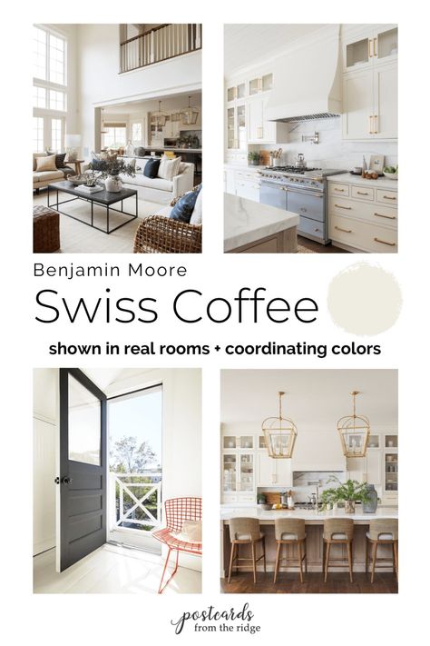 Benjamin Moore Swiss Coffee OC-45 Color Palettes and Review - Postcards from the Ridge Simply White And Swiss Coffee, Benjamin Moore Swiss Coffee Cabinets, Swiss Coffee Vs White Dove, Swiss Coffee Walls, Bm Swiss Coffee, Benjamin Moore Swiss Coffee, Swiss Coffee Benjamin Moore, Swiss Coffee Paint, Colors For Living Room