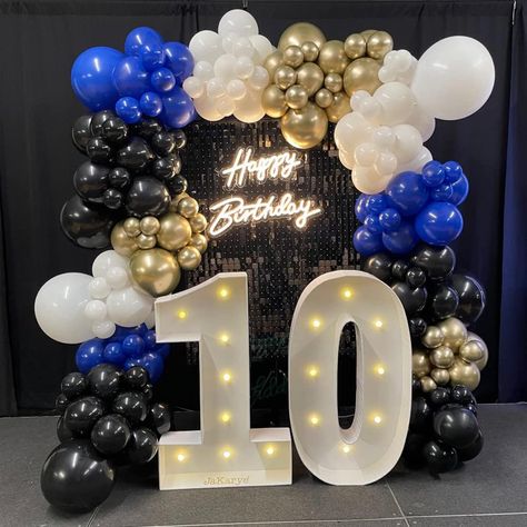 Navy Blue And Black Balloon Garland, Blue Gold And Silver Balloons, Blue Black Silver Balloons, Black And Blue Balloon Decorations, Royal Blue Balloon Garland Backdrop, Royal Blue And Black Decorations, Black Blue And Gold Balloon Garland, Black Gold And Royal Blue Party, Royal Blue And Black Birthday Decor